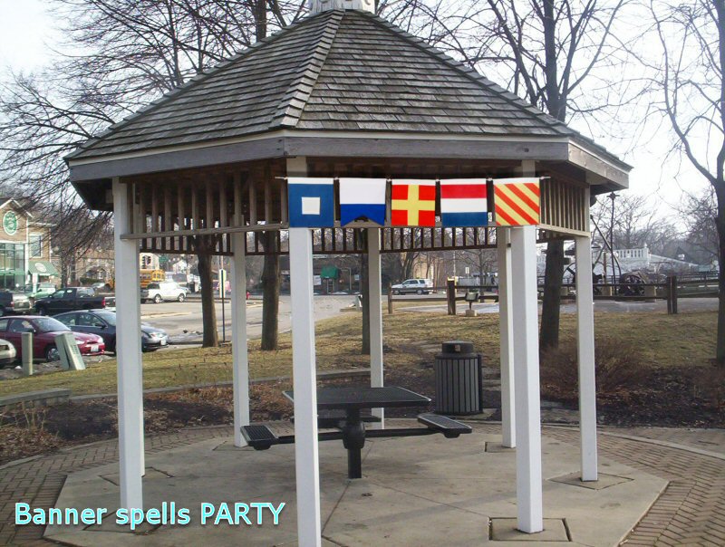 Next picture is a gazebo with a banner that spells PARTY